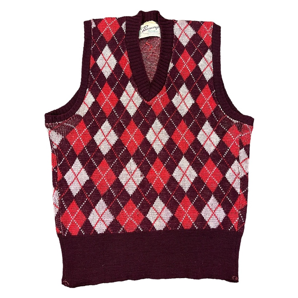Vintage 50s Bancroft 100% Virgin Wool Argyle Print Sweater Vest READ DESCRIPTION